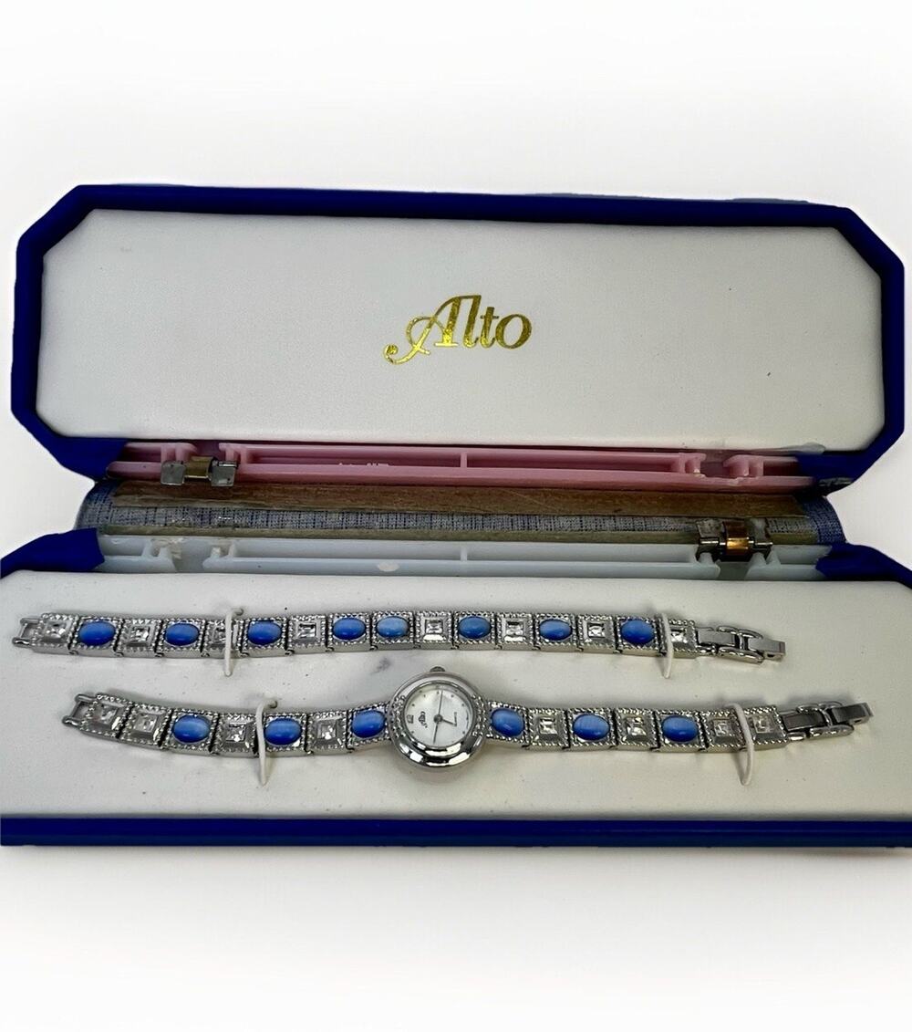 Alto Ladies Watch & Bracelet Set- Silver Tone Blue Cabochon Stone Band w Box VTG
